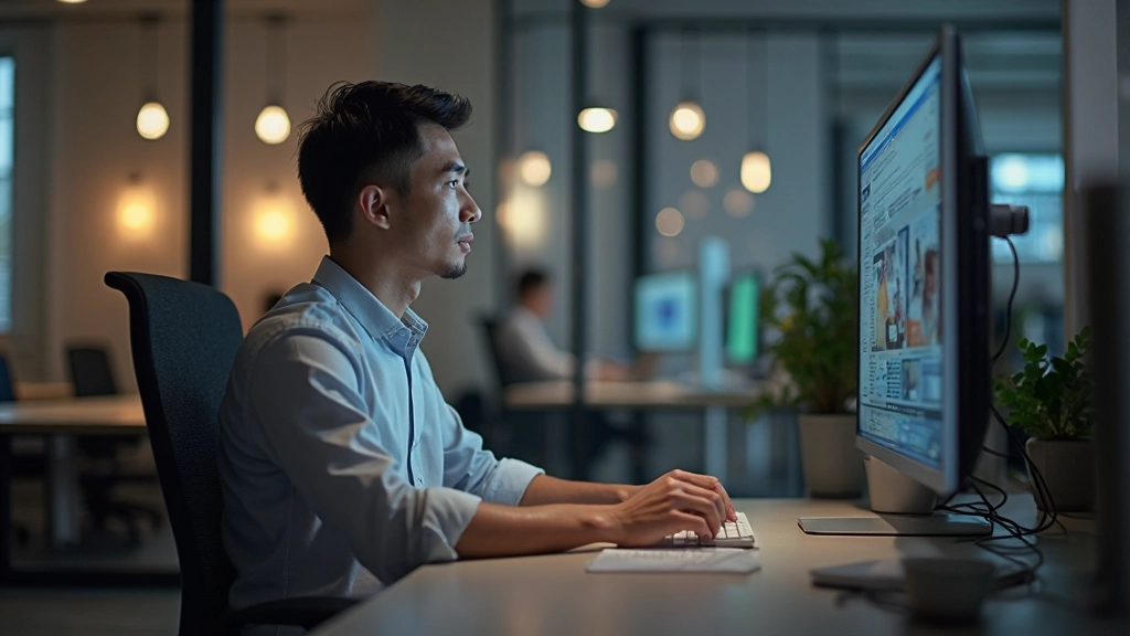 Modern office with blue light filters and ergonomic setup reducing digital eye strain