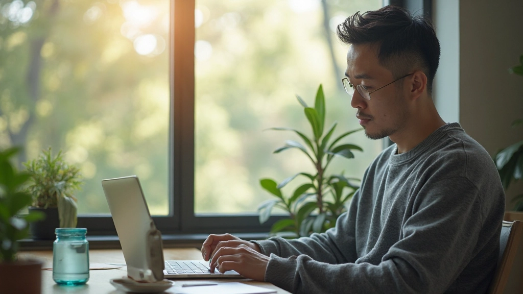 Person taking a break from work, looking out window at natural scenery