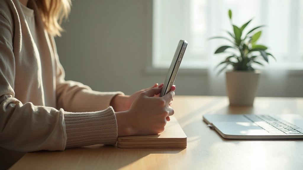 Minimalist desk setup with a smartphone in a wooden stand and notebook symbolizing intentional device usage