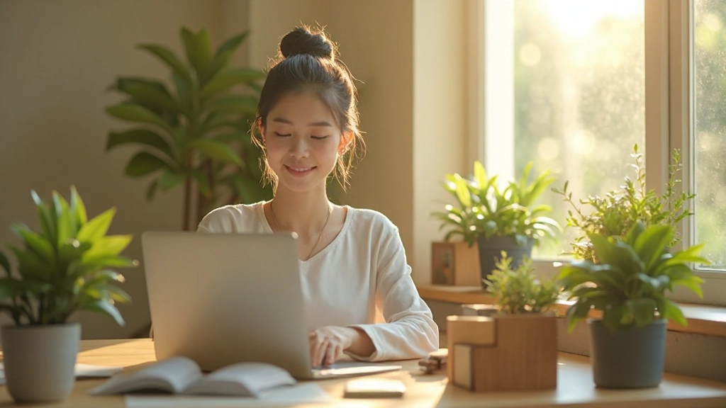 Minimalist workspace with natural light and plants creating a calming digital environment