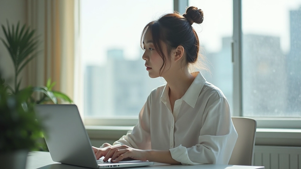 Person taking a mindful break from screen work, looking out window with peaceful expression during work day