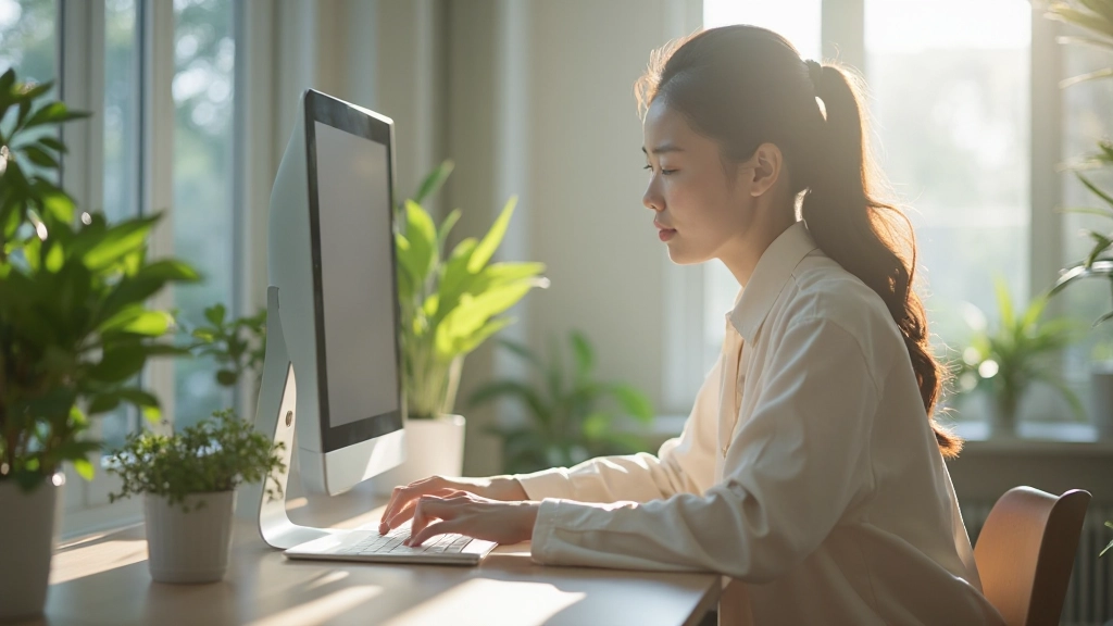 Serene digital workspace with minimalist design and natural light emphasizing calm technology use