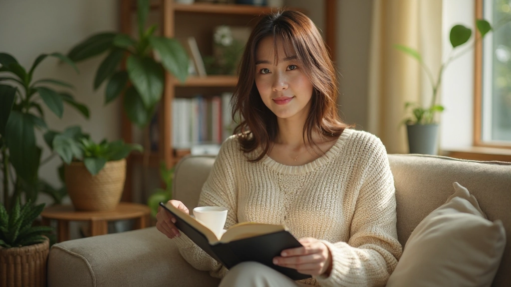 Person enjoying offline activities with a journal, tea cup, and plant in a cozy reading corner