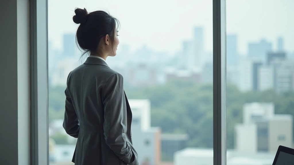 Person taking a break by looking out window at distant scenery during work day