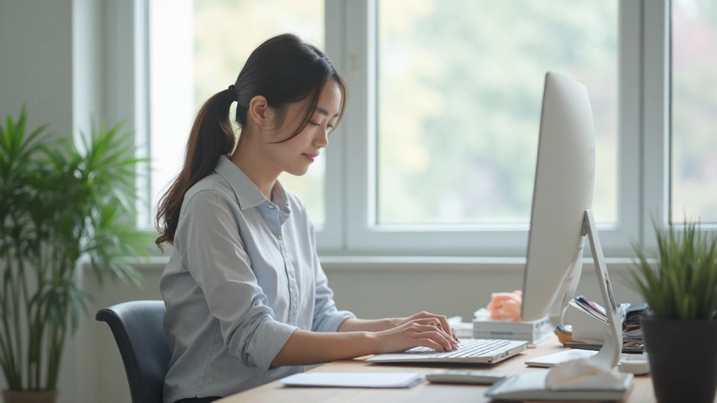 Person sitting at organized desk with proper ergonomic posture and ambient lighting