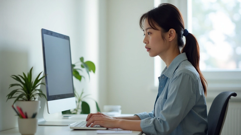 Woman working at modern desk with proper monitor height and distance setup