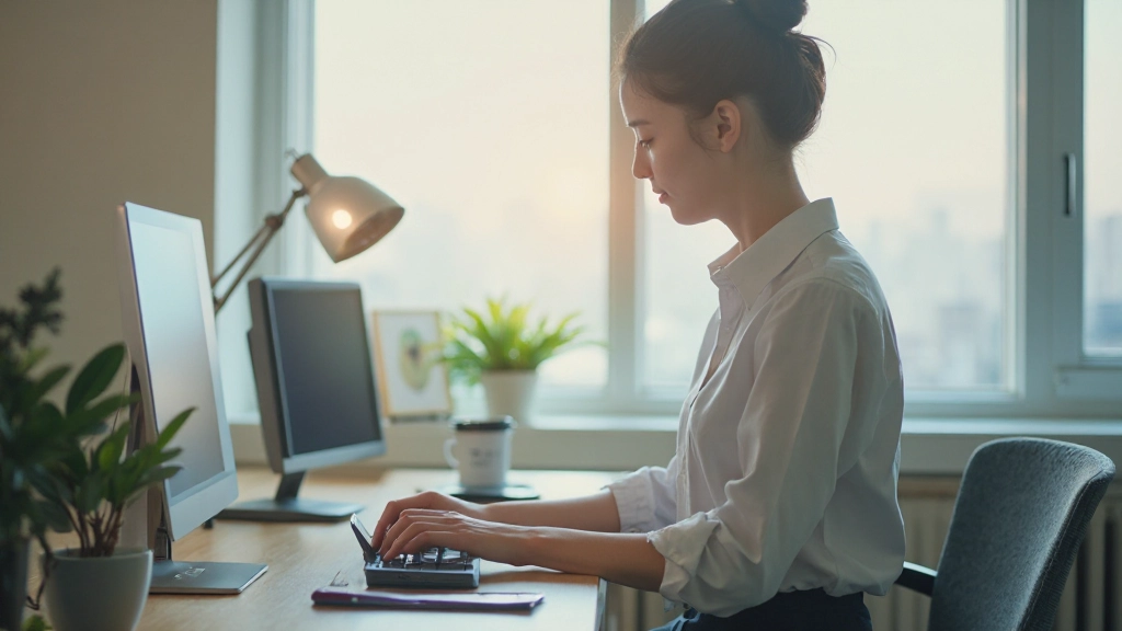 Workspace with warm desk lamp and natural daylight creating balanced illumination